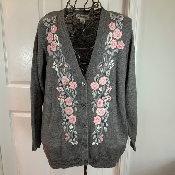 Alfred Dunner Embroidered 90s Floral Wool Cardigan Size L - Picture 1 of 9